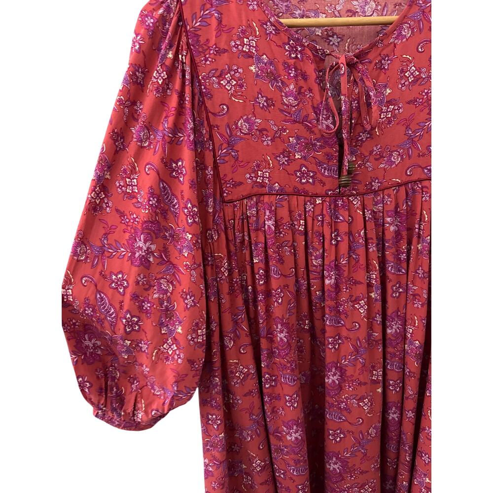 Natural Life Rose Tie Neck Babydoll Mini Dress Rust Purple Florals Size Large - Picture 5 of 10